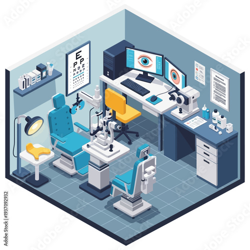 Modern Optometry Clinic Examination Room with Advanced Equipment.