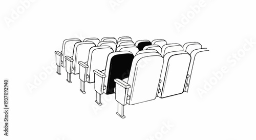 Rows of empty auditorium chairs, some black, some white, arranged neatly