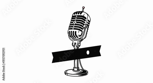 Retro microphone with blank ribbon banner for text