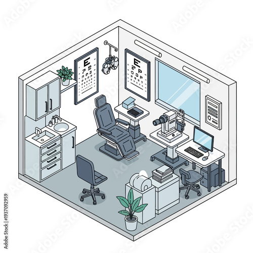 Optometry Examination Room with Medical Equipment and Charts.