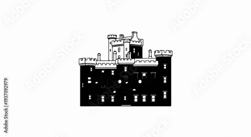 Black and white line drawing of a multi-towered castle with many windows