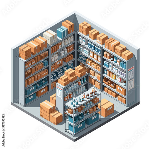 Organized Warehouse Storage Room with Shelves and Boxes.