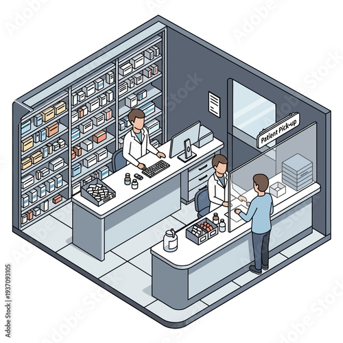 Pharmacists and customer at a pharmacy counter.