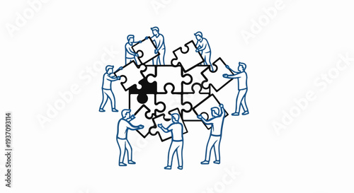 People collaborating to assemble a complex jigsaw puzzle with one dark piece