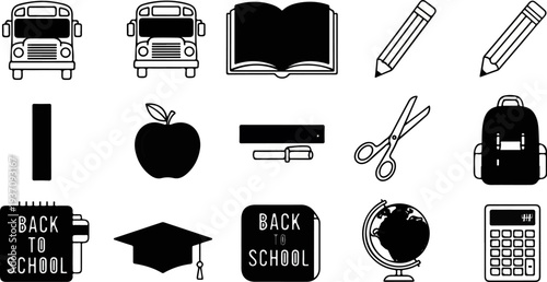Collection of educational icons including buses, books, writing tools, and school supplies