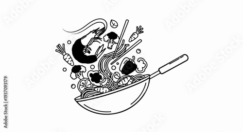 Black and white line drawing of a wok overflowing with noodles, shrimp, and vegetables