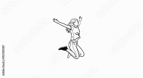 Joyful person in mid-air, arms outstretched in celebration, wearing casual attire