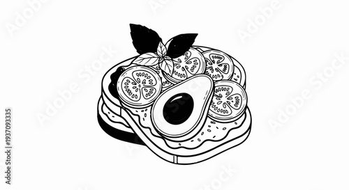 Hand-drawn avocado toast with tomato slices and basil on a plate