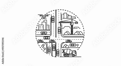 Urban intersection with traffic, construction, and drone surveillance