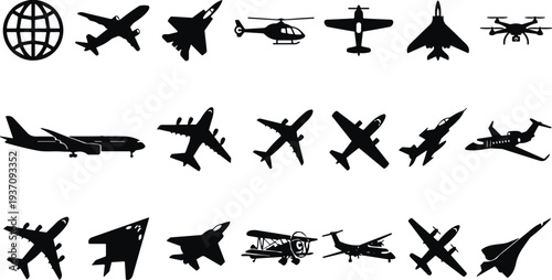 Aircraft and aviation silhouette icon set with airplanes, fighter jets, helicopter, drone and globe, transportation and air travel vector illustration collection