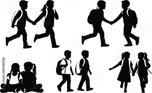Detailed black silhouette collection of school children with backpacks walking holding hands and sitting together on a white background.