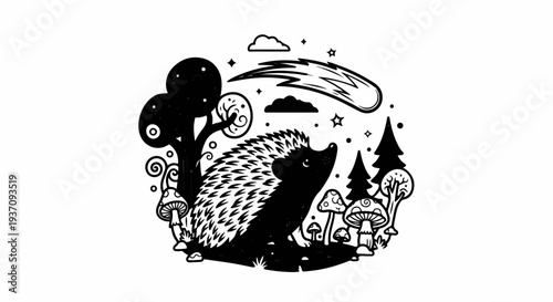 Hedgehog watches a falling star in a whimsical forest with mushrooms