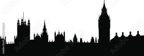 Black vector silhouette of London city skyline featuring Big Ben and historic architecture, representing travel, tourism, culture, and iconic landmarks.