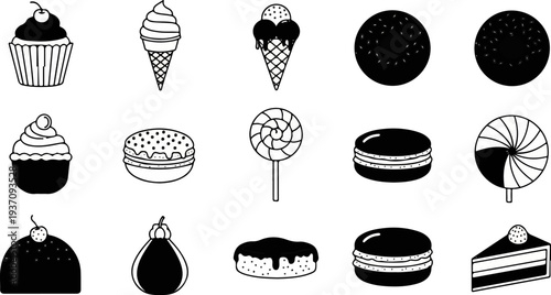 Collection of various sweet treats, including cupcakes, ice cream cones, macarons, and cake slices