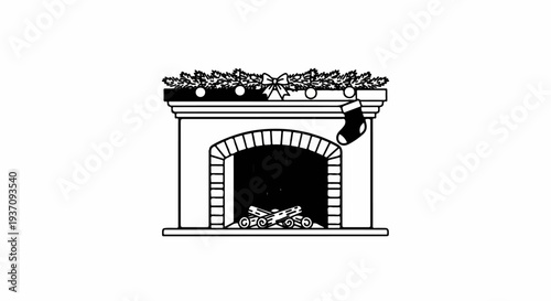Decorated fireplace with hanging Christmas stocking and logs