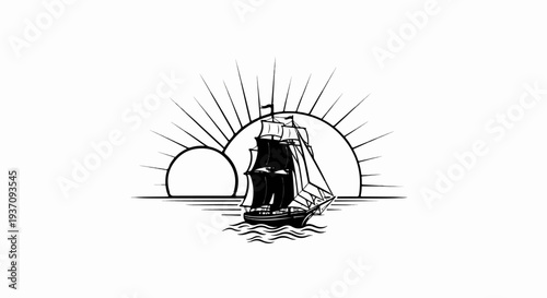 Black and white illustration of a sailing ship at sunrise on the sea