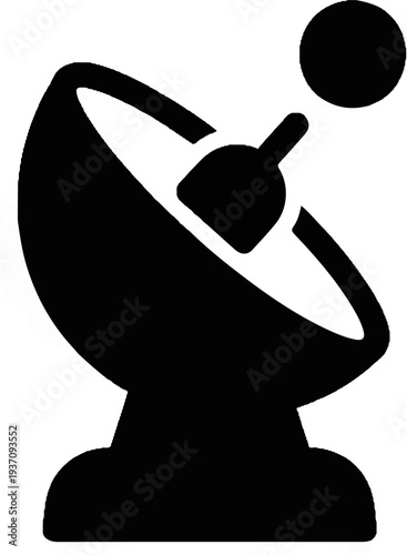 A black silhouette of a satellite dish pointing upwards towards a circle