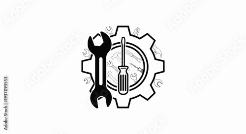 Cogwheel with wrenches, screwdrivers, and hammers, graphic symbol