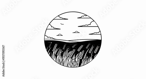 Circular illustration of wheat field under a cloudy sky