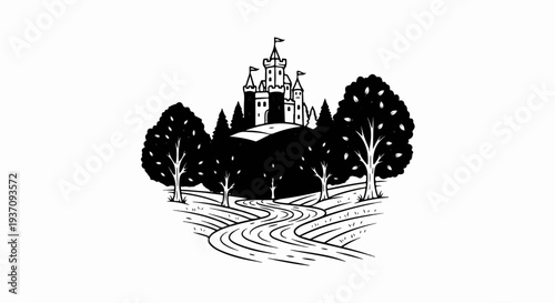 Enchanting fairytale castle nestled amongst trees with a winding road