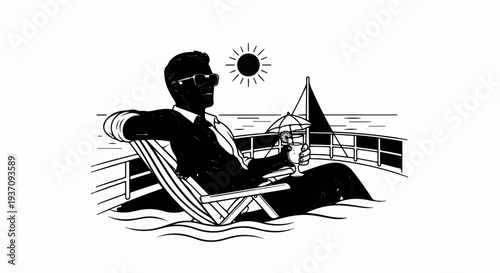 Man in suit relaxing in a lounge chair on a boat with a drink