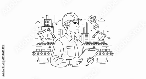 Engineer overseeing automated factory production line with robotic arms and conveyor belts