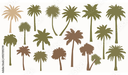 Tropical palm tree silhouette collection in natural earth tones exotic botanical vector illustration