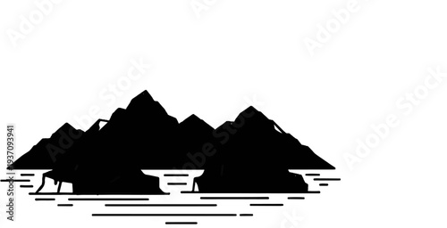 Black mountain silhouette with water ripples below against a white background