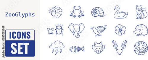 Zoo animal icons set including fish bird frog and deer head silhouettes ZooGlyphs