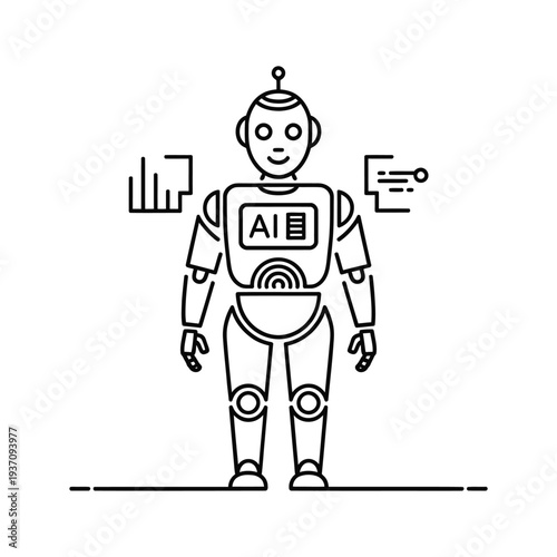 Line art illustration of a humanoid robot with ai interface