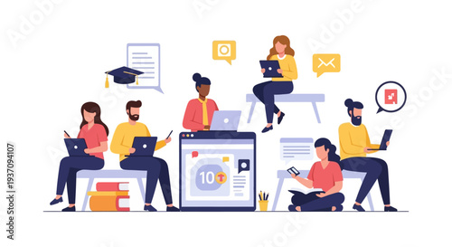 E-Learning and Online Education Concept: Diverse Students Studying, Collaborating, and Researching Using Digital Devices.