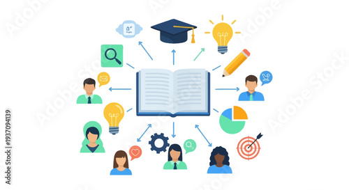 Education and E-Learning Concept: Knowledge Sharing, Information Flow, and Collaborative Study Group Icons.