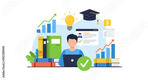 E-Learning Success and Academic Achievement. Student Studying Online with Laptop, Books, Graduation Cap, and Growth Charts Illustration.