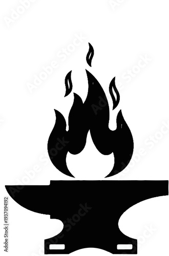 Black anvil under stylized flames, representing forging and heat
