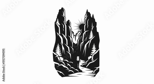 Hiker enters a steep canyon with river, trees, and sun rays