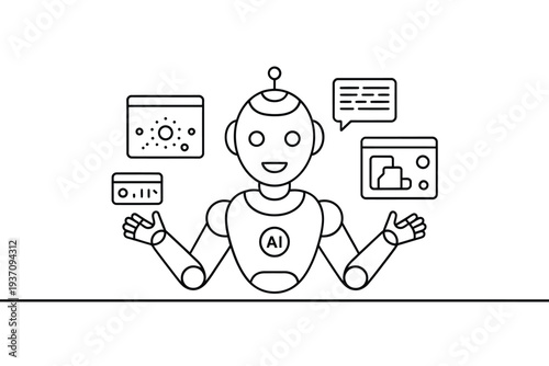 Friendly robot presenting artificial intelligence concepts with various interface elements