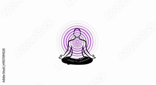 Silhouette meditating figure radiating purple concentric circles