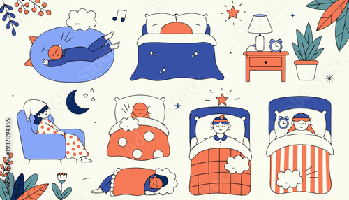 Sleep pillow relax bed dream doodle vector set. Night sleep bedroom bedtime comfort doodle set .vector 