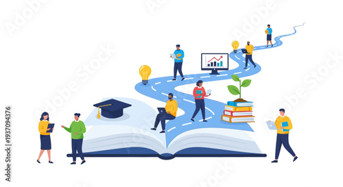Education Success Path and Career Development Road Map. People Learning, Growing Knowledge from Open Book.