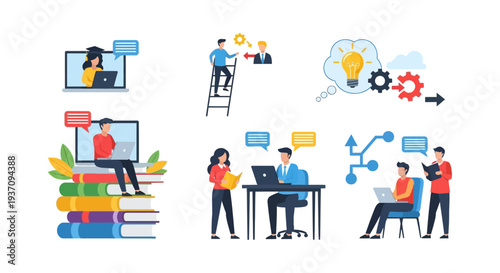 E-Learning, Education, and Business Development Vector Icon Set. Conceptual illustrations of online training, mentorship, knowledge acquisition, and digital communication process.