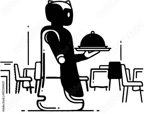 A robot waiter serves food in a restaurant with tables and chairs