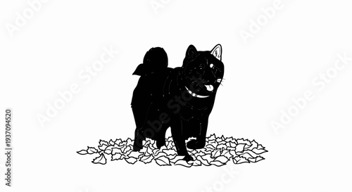 Black dog with wagging tail stands on fallen leaves
