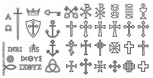 Christian symbol collection. Christianity and crusade sign set. Cross, communion and bread miracle icons. Ichthys and trinity symbols. Vector illustration image.