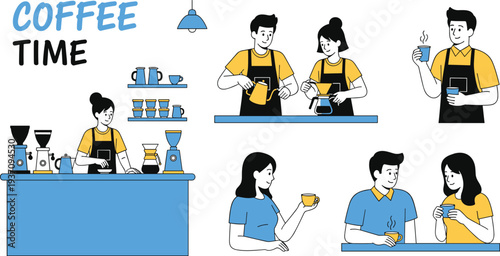 Coffee shop barista illustration set, people making and drinking coffee, cafe lifestyle scenes, coffee time concept vector collection