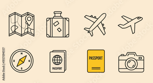 Travel icons map suitcase airplane camera