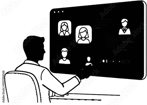 Silhouette of a man reviewing candidate profiles on a digital screen