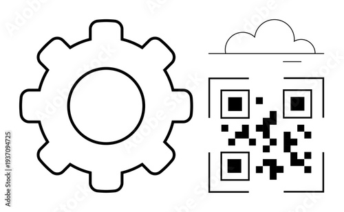 Technology, data storage, digital integration, process management, connectivity, coding. Gear and QR code with cloud outline. Technology and data storage concept