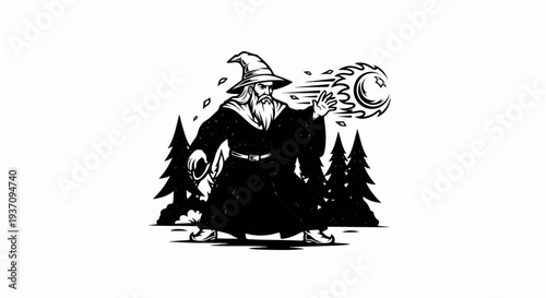 Wizard conjures fiery ball amidst evergreen trees, with swirling energy