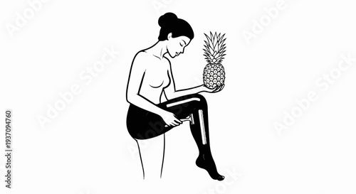 Woman shaving leg while holding a pineapple