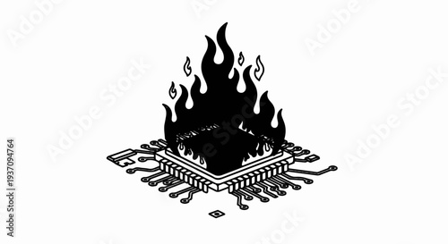 Computer processor on fire, stylized illustration